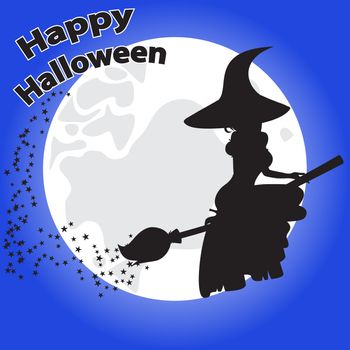 greeting card for Halloween with a beautiful witch on a background of the moon