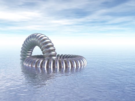 abstract metal rings construction at water - 3d illustration