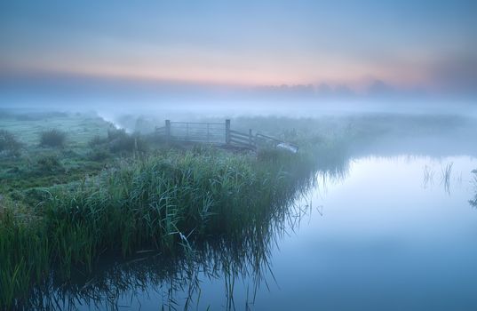 fog over river in farmland at sunrise