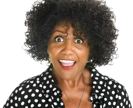 Amazed middle aged African woman on isolated background