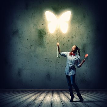 Funny teenager girl with candy and butterfly illustration