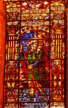 Moses Stained Glass Seville Cathedral, Cathedral of Saint Mary of the See, Seville, Andalusia Spain.  Built in the 1500s.  Largest Gothic Cathedral in the World and Third Largest Church in the World.  Burial Place of Christopher Columbus.