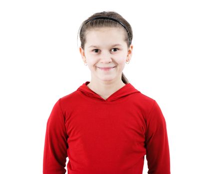 Cute teen girl smiles. Portrait on a white background