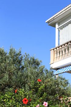 Balcony on Spanish home overlooking flowers in garden.