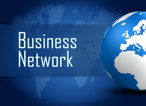 Business Network concept with globe on blue world map background