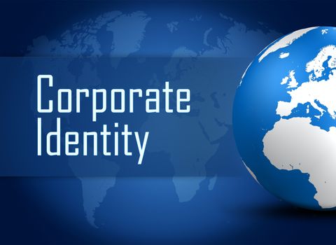 Corporate identity concept with globe on blue world map background