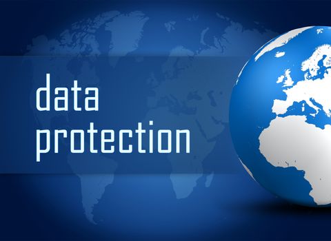 Data Protection concept with globe on blue world map background