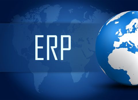 Enterprise Resource Planning concept with globe on blue world map background