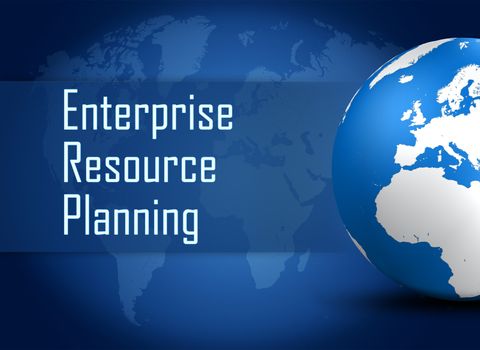 Enterprise Resource Planning concept with globe on blue world map background