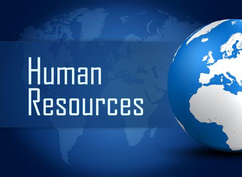 Human resources concept with globe on blue world map background