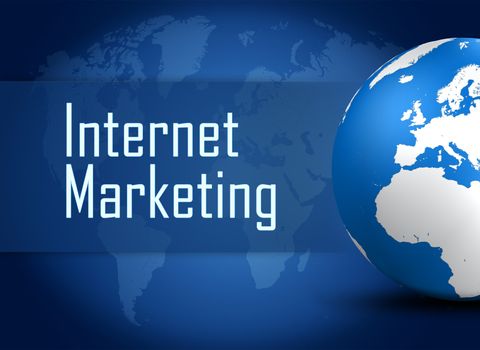 Internet Marketing concept with globe on blue world map background