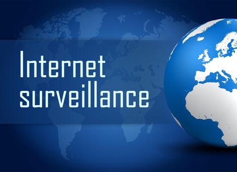 Internet surveillance concept with globe on blue world map background