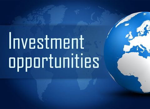 Investment opportunities concept with globe on blue world map background