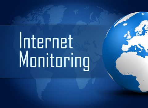 Internet monitoring concept with globe on blue world map background