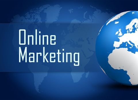 Online Marketing concept with globe on blue world map background