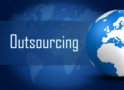 Outsourcing concept with globe on blue world map background