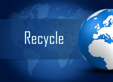 Recycle concept with globe on blue world map background