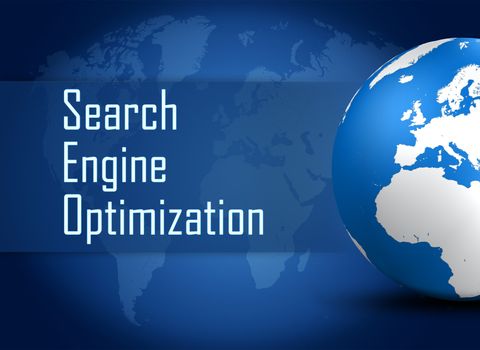 Search Engine Optimization concept with globe on blue world map background