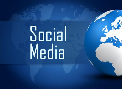 Social Media concept with globe on blue world map background