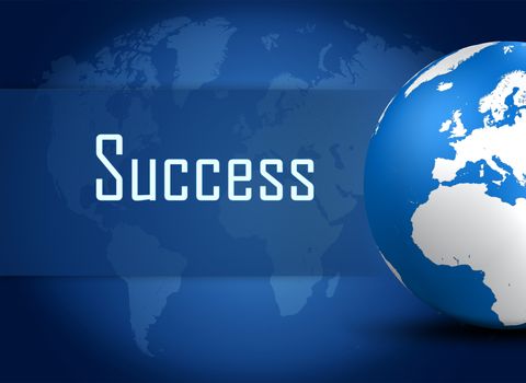 Success concept with globe on blue world map background