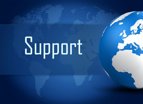 Support concept with globe on blue world map background