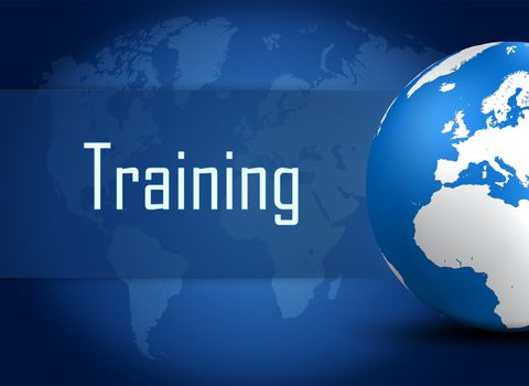 Training concept with globe on blue world map background