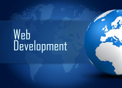 Web Development concept Illustration on blue background with a world globe