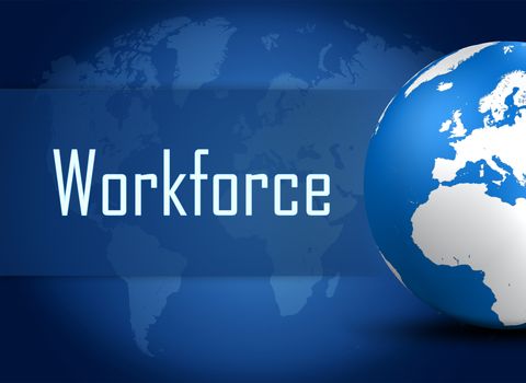 Workforce concept with globe on blue world map background