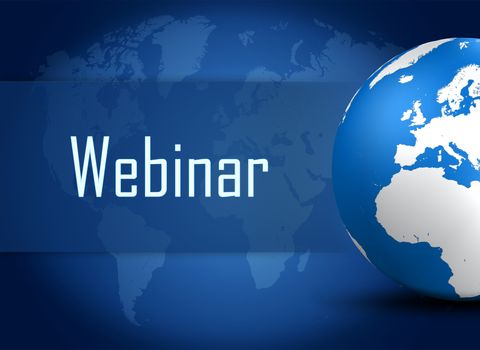 Webinar concept with globe on blue world map background