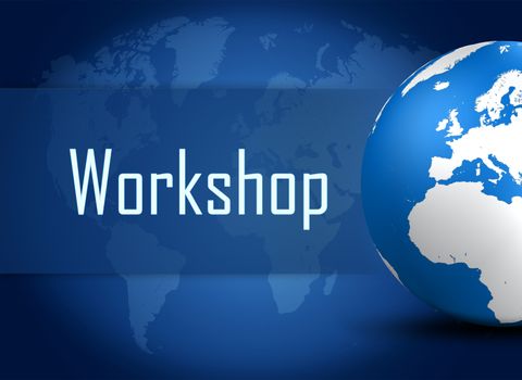 Workshop concept with globe on blue world map background