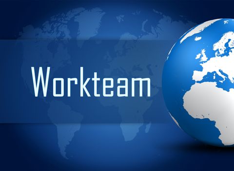 Workteam concept with globe on blue world map background