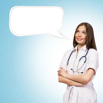 young woman doctor says cloud over his head, place for text