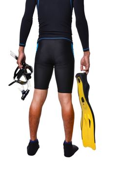 man with snorkeling equipment isolated on white background
