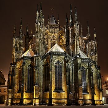 rear view of St. Vitus Cathedral at winter night, in Prague