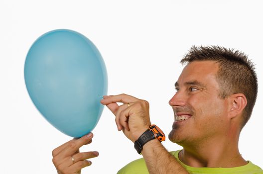 Guy with a needle about to puncture a baloon, a concept