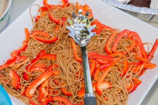 Whole wheat spaghettti with red peppers on square plate.