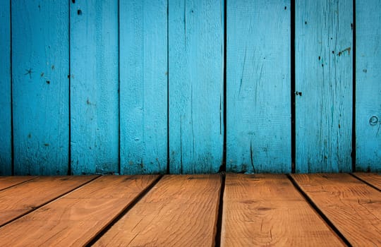 old grunge interior, blue and yellow wooden background