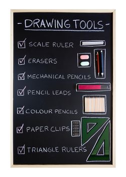 Checklist of drawing tools over blackboard background