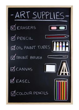 Checklist of art supplies over blackboard background