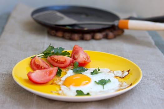 fried eggs on a yellow plate on the background of the frying pan