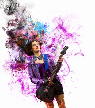 Young attractive rock girl playing the electric guitar