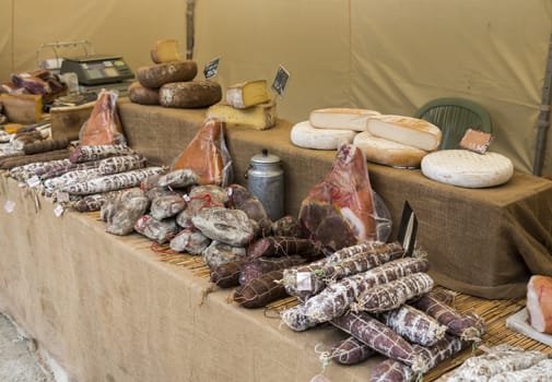 meat and cheese on belgium market in the place bouillon