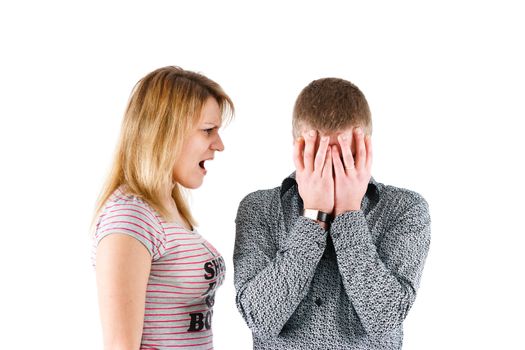 A woman shouts at the man. white background