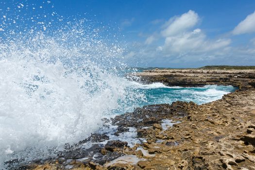 Waves Crashing over Devil's Bridge Coastline Antigua in Sunshine