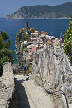 View of the picturesque village of Vernazza in the heart of the Cinque Terre, important national park and world heritage of unesco