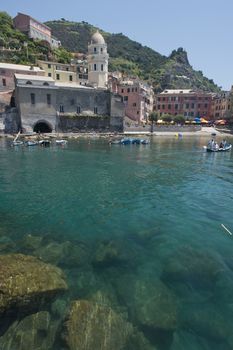 The church in the picturesque village of Vernazza in the heart of the Cinque Terre, important national park and world heritage of unesco