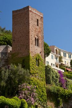 Medieval tower in the centre of the village of Noli in the ligurian riviera