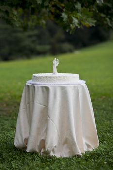 White wedding cake with white figures of bride and husband