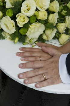 Hands of bride and husband wearing their gold wedding rings demonstrating their trust in the marriage
