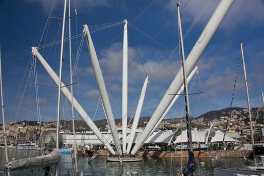 The modern structure of Bigo, built in the ancient harbour of Genoa in Liguria, by the architecture Renzo Piano for the Colombiane in 1992.